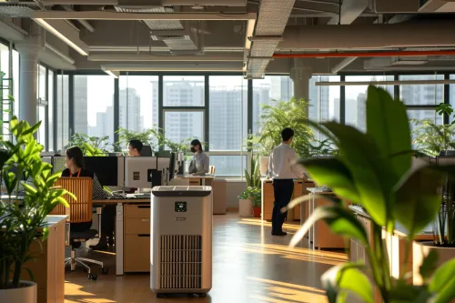 Climatiseur portable professionnel refroidissant un espace de bureau avec des employés travaillant confortablement