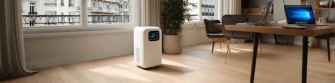 Climatiseur portable professionnel en fonctionnement dans un bureau, apportant fraîcheur sans installation complexe