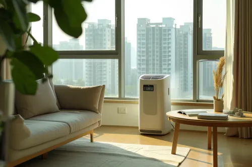 Climatiseur portable compact pour petit appartement avec indicateurs de performance énergétique et dimensions réduites