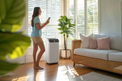 Climatiseur portable moderne dans un salon, affichant ses fonctionnalités et son panneau de contrôle intuitif