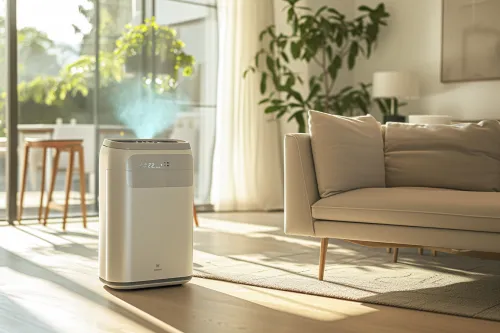 Système de filtration climatiseur portable avancée purifiant l'air d'une pièce tout en rafraîchissant l'environnement