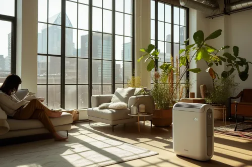 Climatiseur portable double flux avec ses deux conduits d'évacuation pour une meilleure performance et efficacité énergétique.