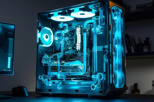 Système de watercooling complet avec pompe, radiateur et tubes transparents montrant le liquide coloré circulant dans un PC