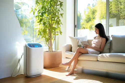 Climatiseur portable compact avec système d'évacuation d'air et panneau de contrôle digital montrant son fonctionnement