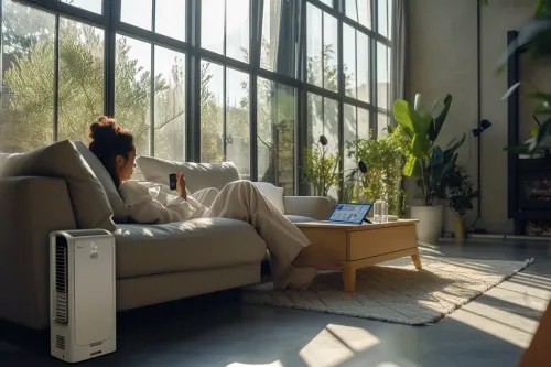 Climatiseur fonctionnant dans un salon, affichant sa consommation énergétique sur un compteur électrique visible