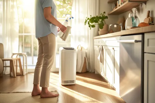 Nettoyage du filtre d'un climatiseur mobile avec une brosse douce pour optimiser son fonctionnement