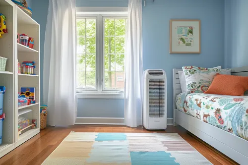 Technicien qualifié réalisant l'entretien d'une climatisation dans un bureau, vérification des filtres et nettoyage