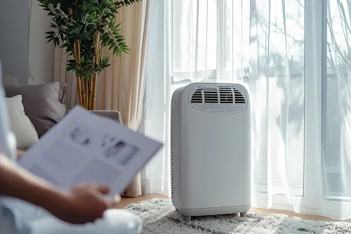 Technicien effectuant l'entretien d'un climatiseur, nettoyage des filtres et vérification du système de refroidissement