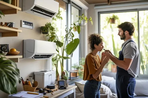 Technicien réalisant l'entretien d'une climatisation pour optimiser sa performance énergétique et prolonger sa durée de vie