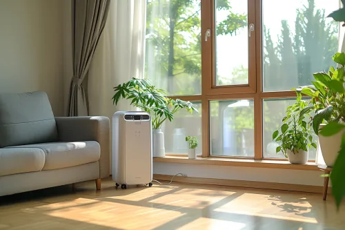Climatiseur portable en fonctionnement dans un vaste salon, optimisé pour rafraîchir efficacement un grand espace ouvert