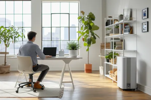 Climatiseur mobile Whirlpool compact idéal pour bureaux de petite taille avec ses dimensions réduites et sa mobilité