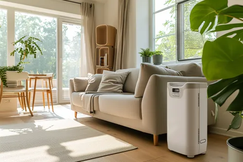 Climatiseur portable Honeywell HF10CES en fonctionnement dans un salon, appareil blanc compact avec affichage digital