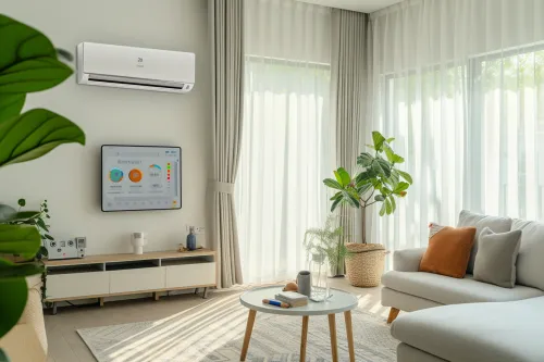 Climatiseur moderne affichant sa consommation énergétique en kWh avec étiquette d'efficacité énergétique A+++