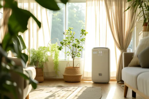 Climatiseur portable écologique en fonctionnement dans un salon moderne, offrant fraîcheur et confort avec impact environnemental réduit