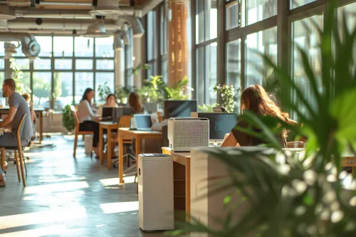 Climatiseur portable installé dans un bureau moderne offrant confort et productivité pendant les journées chaudes