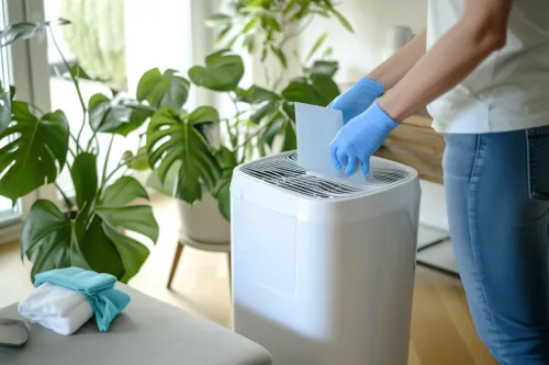 Un technicien effectuant la maintenance d'un climatiseur portable, nettoyant les filtres pour assurer son efficacité énergétique.