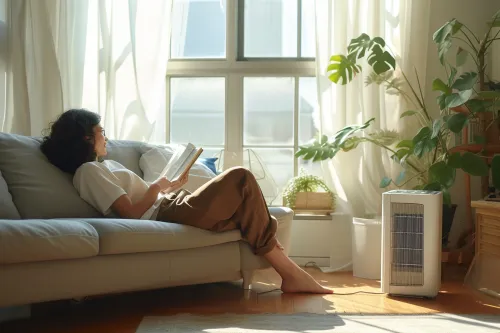Climatiseur portable ultra-silencieux nouvelle génération 2025 avec technologie anti-bruit dans un salon moderne