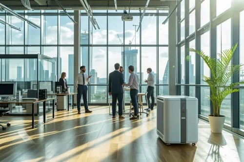 Système de climatisation industriel à haute performance installé dans un bureau spacieux avec plusieurs postes de travail