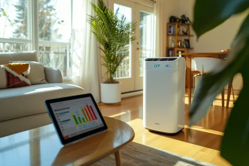 Mesure d'efficacité EER affichée sur un climatiseur portable moderne indiquant le rapport entre puissance et consommation