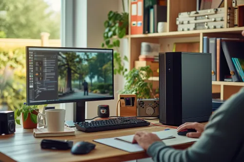 Technicien effectuant le dépannage d'un PC de bureau qui ne s'allume pas, vérifiant les connexions internes
