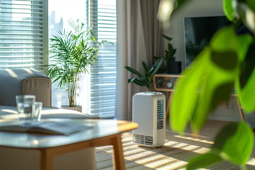Personne ajustant les réglages d'un climatiseur portable pour une performance énergétique optimale en été